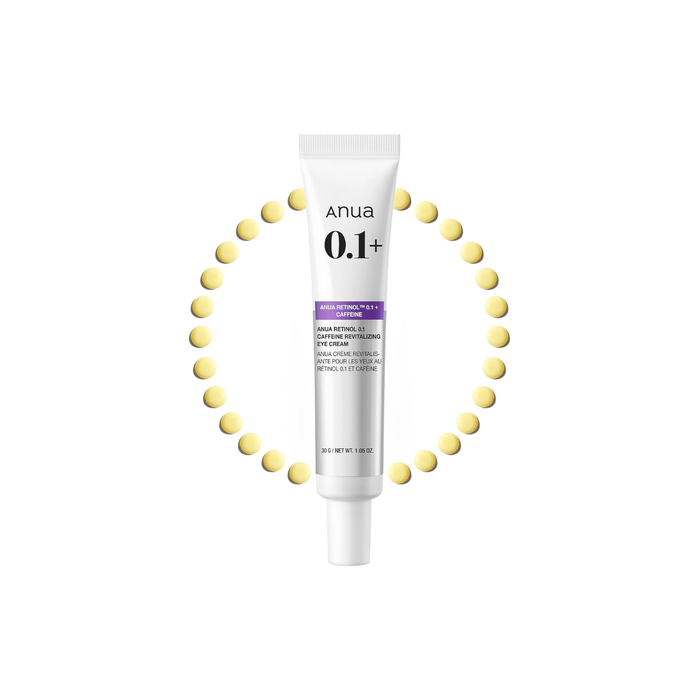 ANUA Retinol 0.1 Caffeine Revitalizing Eye Cream is a targeted treatment designed to smooth fine lines and refresh tired-looking eyes. Formulated with 0.1% Retinol, it helps improve skin texture and reduce the appearance of wrinkles, while Caffeine works to depuff and revitalize the under-eye area. Niacinamide brightens dark circles, and a blend of Ceramides and Hyaluronic Acid supports deep hydration and strengthens the delicate skin barrier. Enriched with Peptides, Panthenol, and Squalane, thi