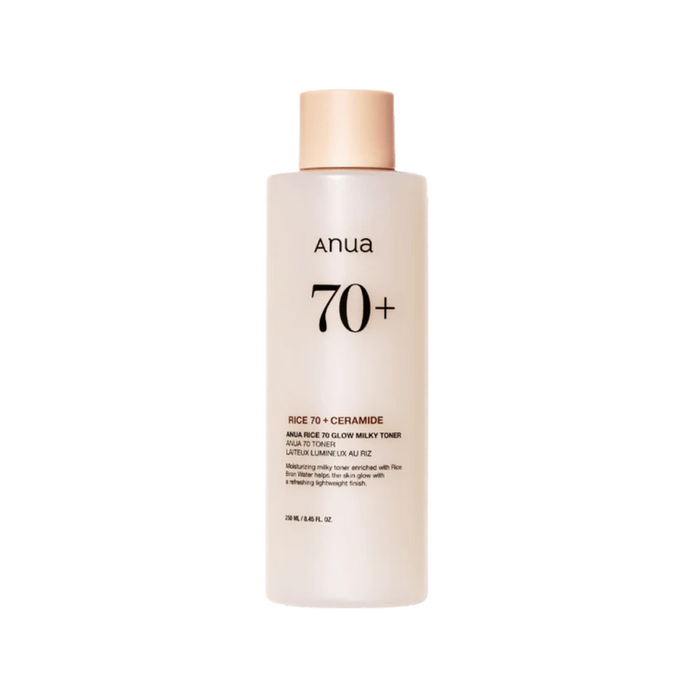 ANUA Rice 70 Glow Milky Toner is a hydrating and brightening toner formulated with 71% Rice Bran Water to nourish and revitalize the skin. Enriched with Niacinamide for brightening, Panthenol for soothing, and Ascorbic Acid for added antioxidant benefits, this toner helps improve skin texture while delivering deep hydration with Hyaluronic Acid. Rice Extract and Hydrolyzed Rice Protein boost skin radiance, while Ceramides and Phytosphingosine strengthen the skin barrier. Ideal for achieving a gl