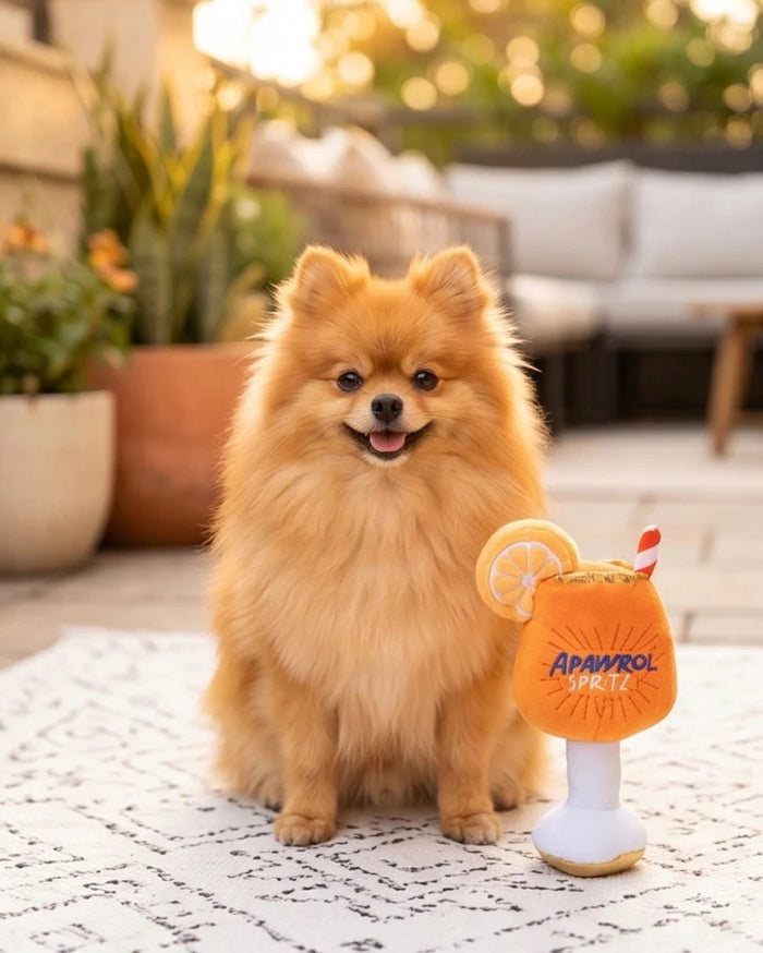 The HAUTE DIGGITY DOG APAWROL SPRITZ DOG TOY is a plush, squeaky dog toy shaped like an orange cocktail glass, featuring "APAWROL SPRITZ" embroidery, a slice of orange on top, and a red-striped straw.