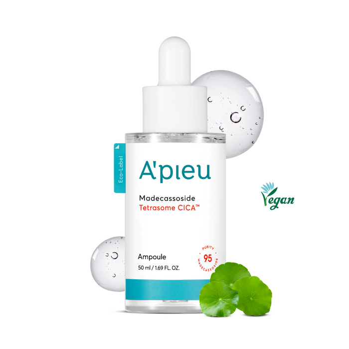 A'pieu Madecassoside Tetrasome Cica Ampoule in a white bottle with a dropper, surrounded by decorative elements suggesting hydration and skincare themes.
