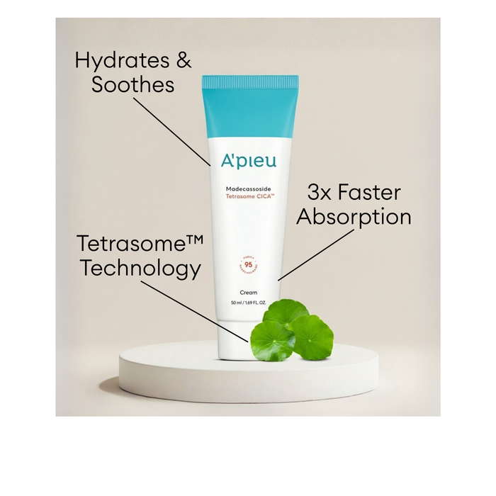A'pieu Madecassoside Tetrasome CICA Cream featuring Tetrasome Technology for 3x faster absorption to hydrate and soothe.