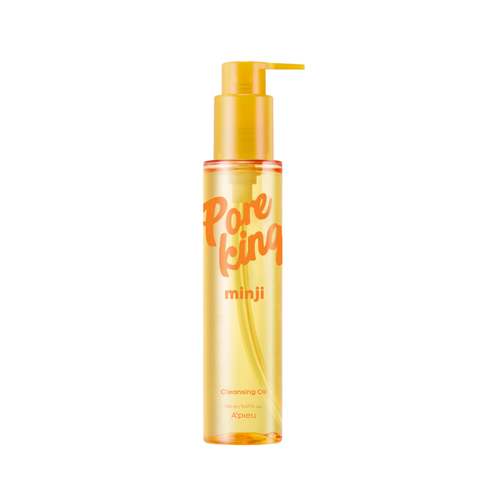 A'pieu Pore King Minji Oil Cleanser in a yellow bottle with a pump dispenser, labeled in Korean and English.
