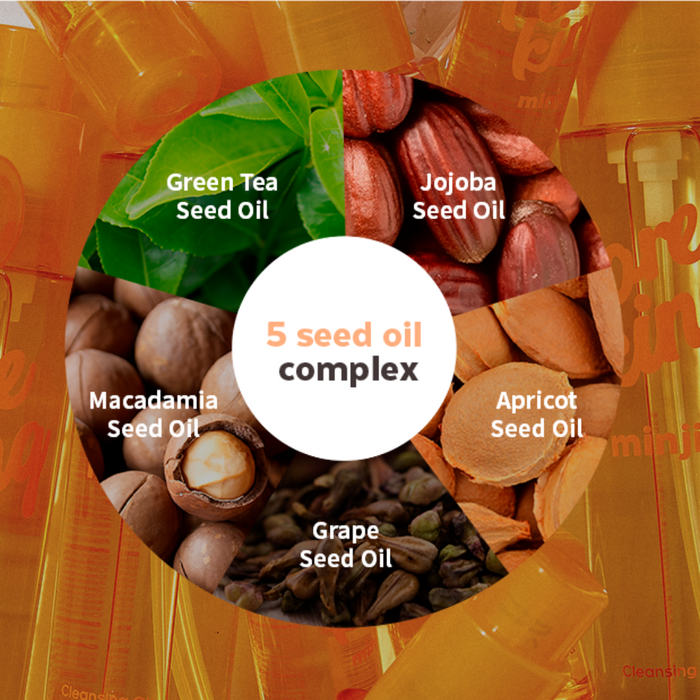 Infographic showing the “5 Seed Oil Complex” used in A’pieu Pore King Minji Cleansing Oil. The circular layout highlights five natural seed oils: Green Tea Seed Oil, Jojoba Seed Oil, Apricot Seed Oil, Grape Seed Oil, and Macadamia Seed Oil. The background shows a soft overlay of yellow bottles of the Pore King product.