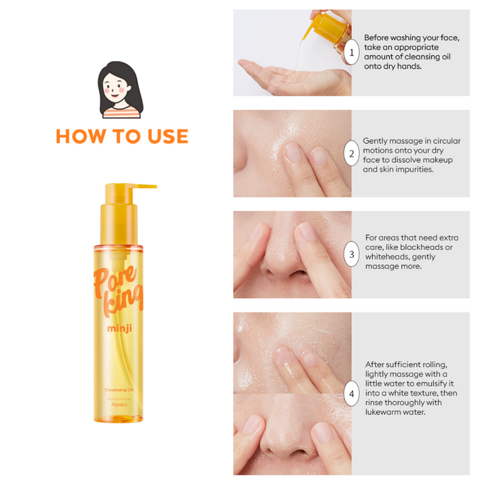 Step-by-step visual guide showing how to use the A’pieu Pore King Minji Cleansing Oil. Step 1: Dispense oil into dry hands. Step 2: Massage onto dry face in circular motions to dissolve makeup and impurities. Step 3: Focus on blackhead-prone areas with gentle massaging. Step 4: Add water to emulsify into a milky texture, then rinse thoroughly with lukewarm water. A yellow bottle of Pore King Minji Cleansing Oil is displayed alongside the instructions.