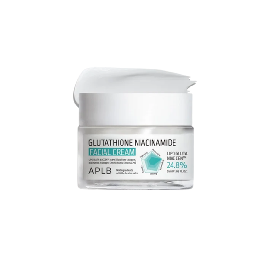 APLB Glutathione Niacinamide Facial Cream is a nourishing and brightening moisturizer that combines 2% Niacinamide and 1,000 ppm of Glutathione to improve skin tone and reduce dark spots. Formulated with 22.7% Centella Asiatica Extract, it soothes and calms irritated skin while deeply hydrating with ingredients like Shea Butter, Macadamia Seed Oil, and Squalane. Enriched with Hydrolyzed Collagen and Cholesterol, this cream helps to strengthen the skin barrier and enhance elasticity, leaving the