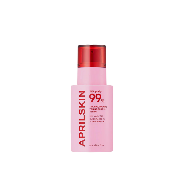 APRILSKIN TXA Niacinamide Toning Shot 99 Serum is a targeted brightening serum designed to improve uneven skin tone and refine pores. Formulated with Tranexamic Acid and Niacinamide, it helps reduce the appearance of dark spots while promoting a clearer, more even complexion. Infused with spicules for enhanced absorption, it delivers active ingredients deep into the skin for improved results. With added Hyaluronic Acid, Panthenol, and Alpha-Arbutin, it provides hydration and supports smoother, r