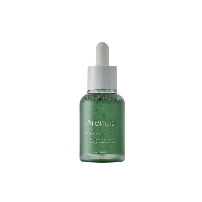 ARENCIA Holy Hyssop Serum 12 is a brightening and anti-aging serum designed to target uneven skin tone and reduce dark spots. Infused with Niacinamide, Arbutin, and Kojic Acid, it helps lighten hyperpigmentation and enhance radiance. The formula contains Hyssop Extract, Sodium Hyaluronate, and powerful peptides like Copper Tripeptide-1 and Acetyl Hexapeptide-8 to boost skin elasticity and smooth fine lines. Enriched with Ceramide NP, it strengthens the skin barrier and locks in moisture, while a
