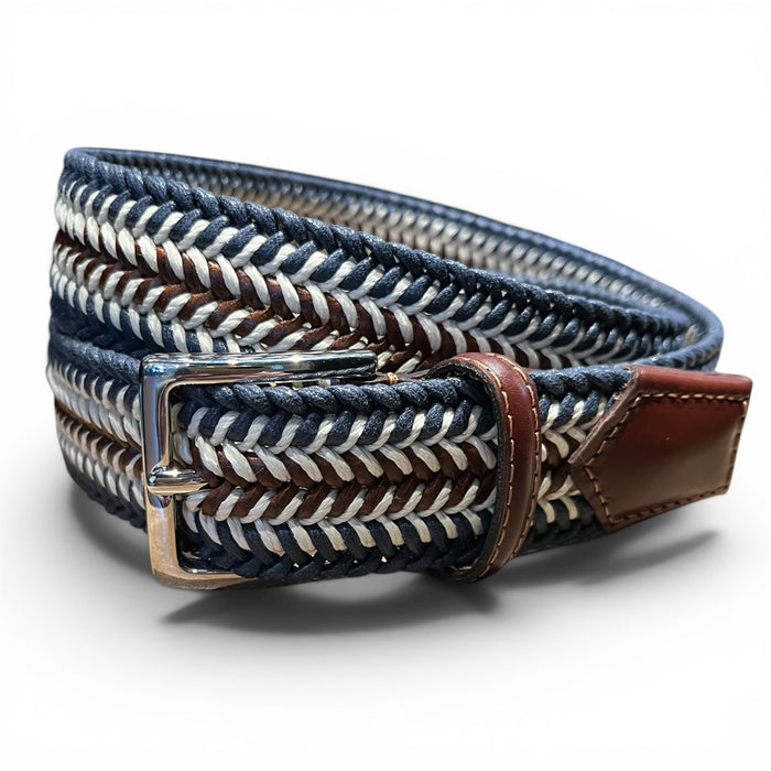 The ATHISON Braided Cotton Stretch Belt in navy and brown features interlaced navy, white, and brown strands, a silver buckle, and brown leather accents at the ends, shown against a white background.