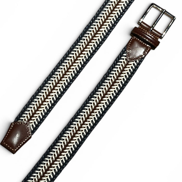 The ATHISON Braided Cotton Stretch Belt in navy and brown features interlaced navy, white, and brown strands, a silver buckle, and brown leather accents at the ends, shown against a white background.