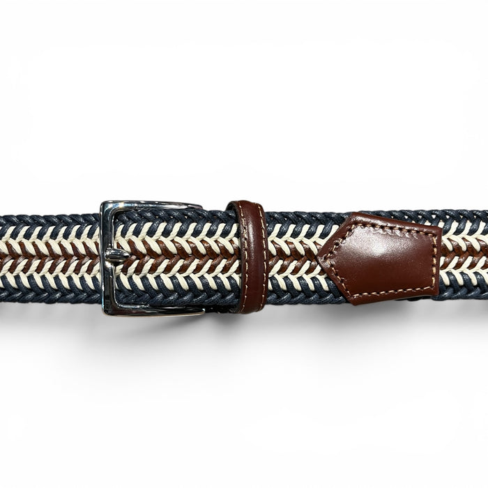 The ATHISON Braided Cotton Stretch Belt in navy and brown features interlaced navy, white, and brown strands, a silver buckle, and brown leather accents at the ends, shown against a white background.