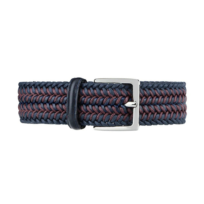 The ATHISON - Braided Cotton Stretch Belt in Navy and Burgundy features a silver rectangular buckle and a black leather loop, combining style and comfort from the ATHISON brand.