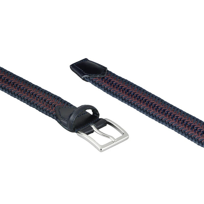 The ATHISON - Braided Cotton Stretch Belt in Navy and Burgundy features a silver rectangular buckle and a black leather loop, combining style and comfort from the ATHISON brand.
