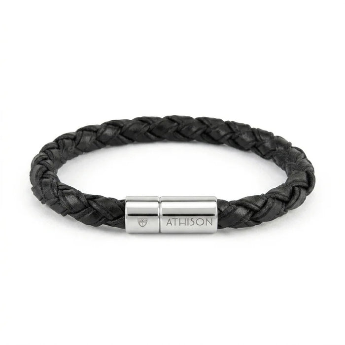 The ATHISON braided leather and cotton bracelet in black features a polished silver magnetic clasp engraved with "Athison," highlighting Italian craftsmanship. Shown on a white background, the bracelet displays exquisite details.