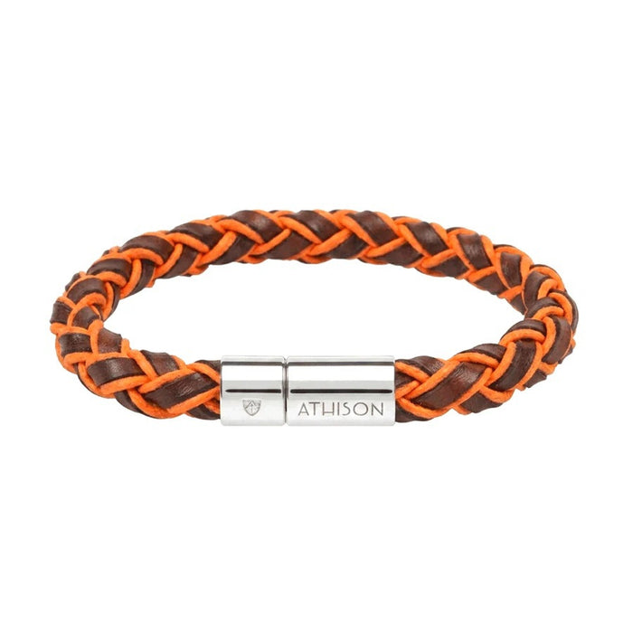 Find your perfect fit with the ATHISON - Braided Leather and Cotton Bracelet in Cognac and Orange: size chart with illustration offers four wrist sizes—S (15.5–17 cm), M (17–18.5 cm), L (18.5–20 cm), XL (20–22.5 cm). Crafted by ATHISON in Italy.