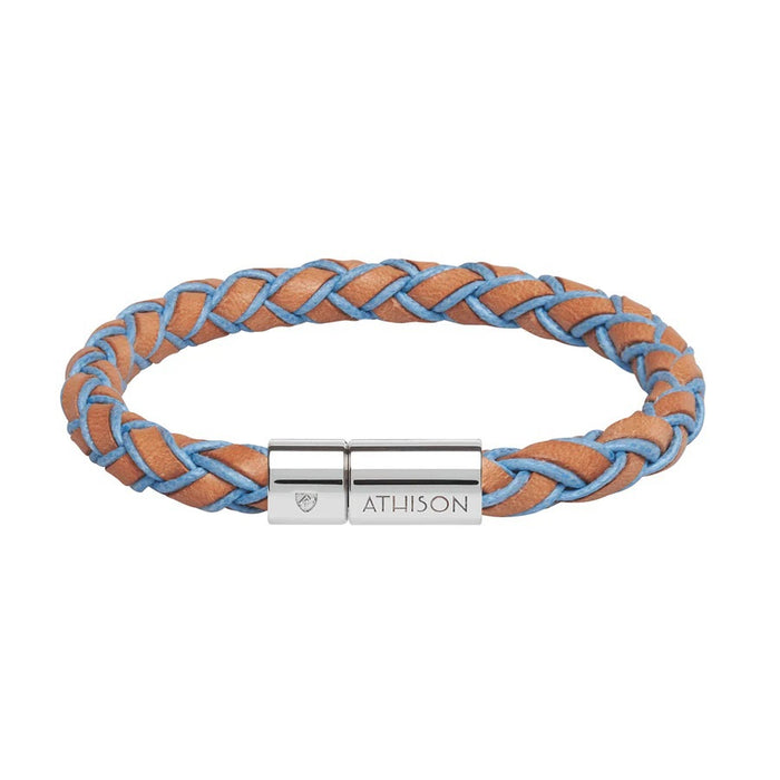 An ATHISON size chart (S-XL) for wrist circumferences features a braided design, ideal for choosing your handcrafted ATHISON - BRAIDED LEATHER AND COTTON BRACELET IN NATURAL AND LIGHT BLUE inspired by Italian craftsmanship.