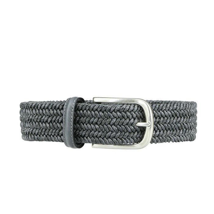 The ATHISON braided leather and cotton stretch belt in grey features a silver rectangular buckle and matching loop, showcased against a white background.