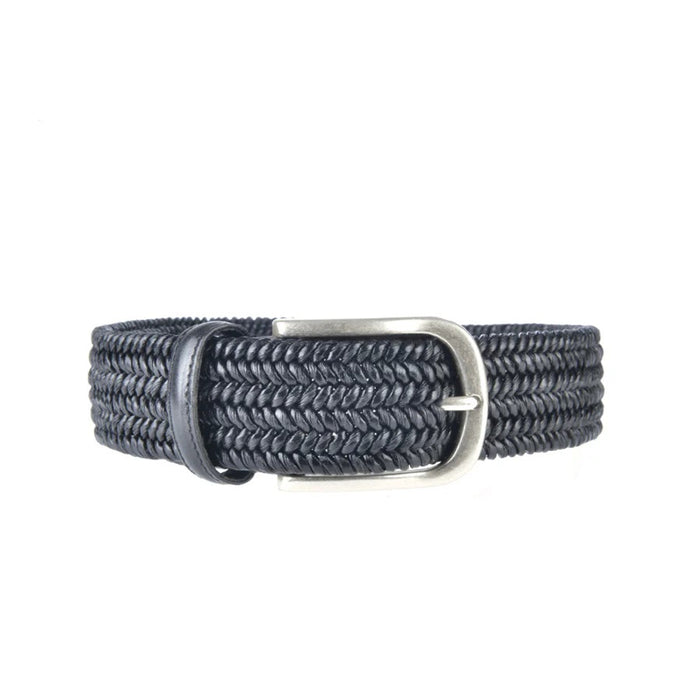 The ATHISON Braided Leather and Cotton Stretch Belt in Midnight Blue features a silver rectangular buckle, displayed against a white background.