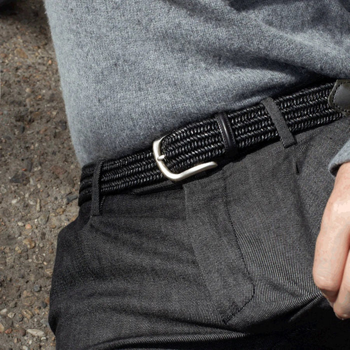 The ATHISON Braided Leather and Cotton Stretch Belt in Midnight Blue features a silver rectangular buckle, displayed against a white background.