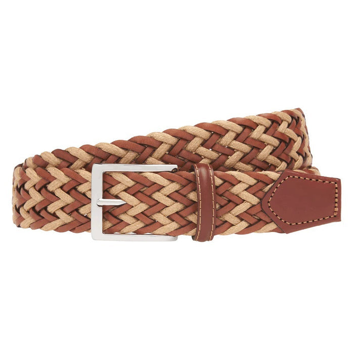 Size guide for ATHISON - BRAIDED LEATHER AND LINEN BELT IN LIGHT BROWN AND BEIGE: sizes XS–XL fit waists 70–115 cm, belt lengths 85–130 cm. Diagram shows how to measure your braided belt, highlighting size M.