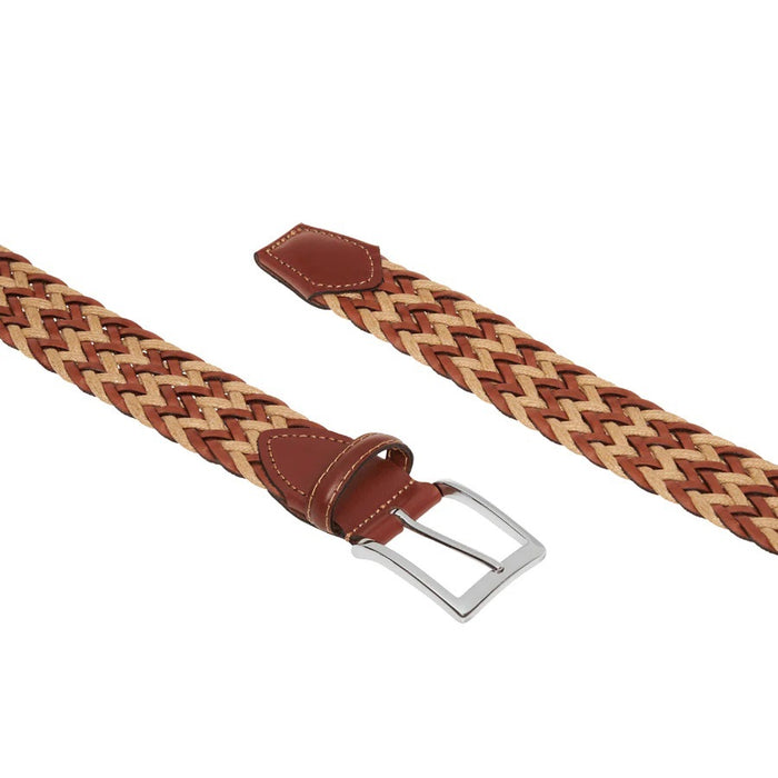 Size guide for ATHISON - BRAIDED LEATHER AND LINEN BELT IN LIGHT BROWN AND BEIGE: sizes XS–XL fit waists 70–115 cm, belt lengths 85–130 cm. Diagram shows how to measure your braided belt, highlighting size M.