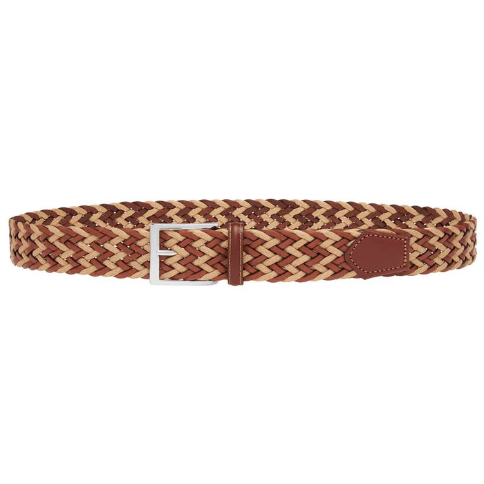 Size guide for ATHISON - BRAIDED LEATHER AND LINEN BELT IN LIGHT BROWN AND BEIGE: sizes XS–XL fit waists 70–115 cm, belt lengths 85–130 cm. Diagram shows how to measure your braided belt, highlighting size M.