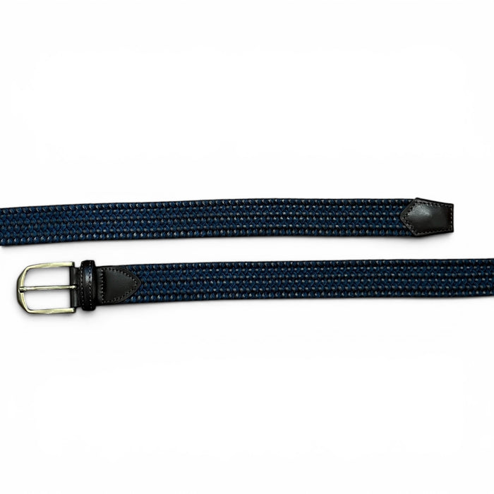 A person wearing a black shirt and grey pants with the ATHISON Braided Leather and Wool Stretch Belt in dark brown and blue.