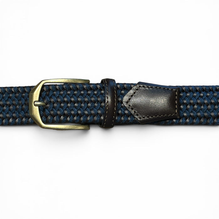A person wearing a black shirt and grey pants with the ATHISON Braided Leather and Wool Stretch Belt in dark brown and blue.