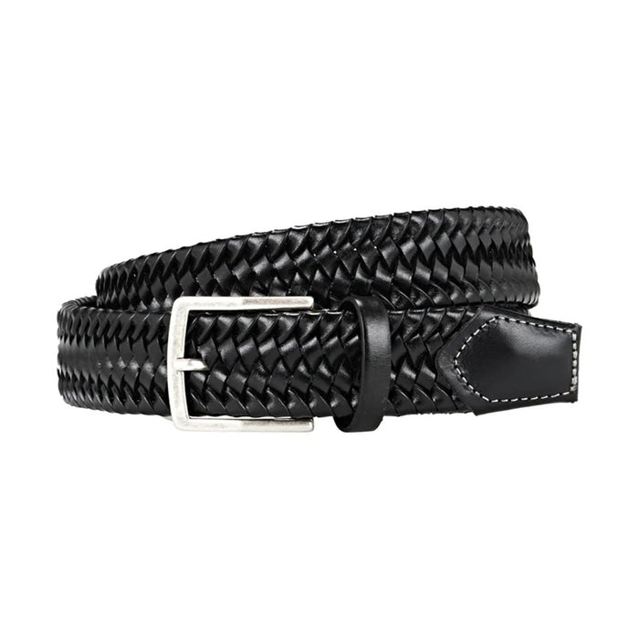 ATHISON - BRAIDED LEATHER BELT IN BLACK AND GRAY size guide: XS–XL fits waists 70–115 cm, belt lengths 85–130 cm. Size M suits a 95 cm waist and is 110 cm long. Brand: ATHISON.