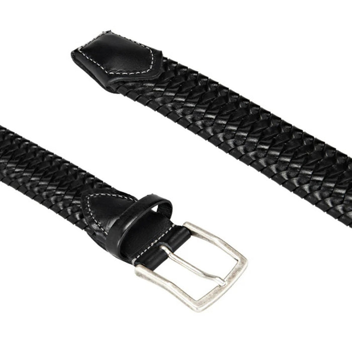 ATHISON - BRAIDED LEATHER BELT IN BLACK AND GRAY size guide: XS–XL fits waists 70–115 cm, belt lengths 85–130 cm. Size M suits a 95 cm waist and is 110 cm long. Brand: ATHISON.