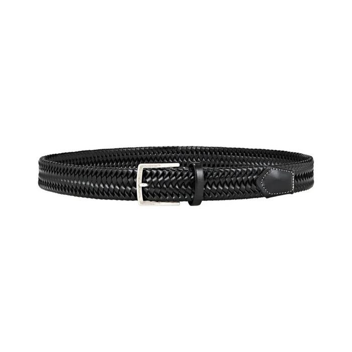 ATHISON - BRAIDED LEATHER BELT IN BLACK AND GRAY size guide: XS–XL fits waists 70–115 cm, belt lengths 85–130 cm. Size M suits a 95 cm waist and is 110 cm long. Brand: ATHISON.