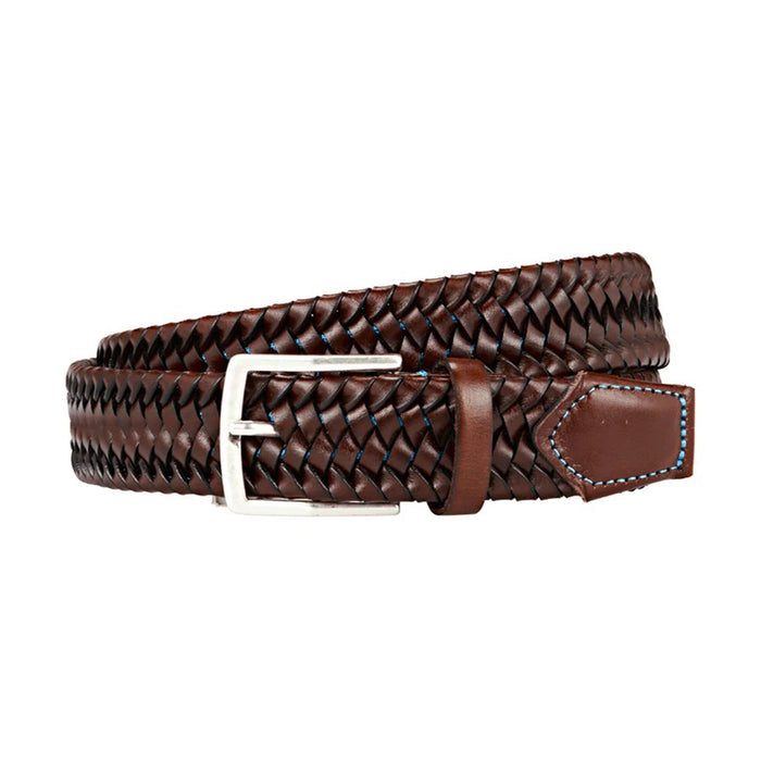 The ATHISON - BRAIDED LEATHER BELT IN BROWN AND LIGHT BLUE by ATHISON features Italian craftsmanship, a silver rectangular buckle, and braided recycled leather with a stitched accent near the buckle for a refined look.