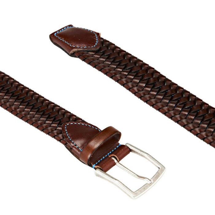 The ATHISON - BRAIDED LEATHER BELT IN BROWN AND LIGHT BLUE by ATHISON features Italian craftsmanship, a silver rectangular buckle, and braided recycled leather with a stitched accent near the buckle for a refined look.