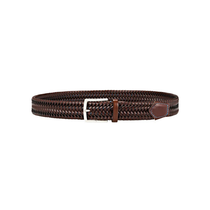 The ATHISON - BRAIDED LEATHER BELT IN BROWN AND LIGHT BLUE by ATHISON features Italian craftsmanship, a silver rectangular buckle, and braided recycled leather with a stitched accent near the buckle for a refined look.