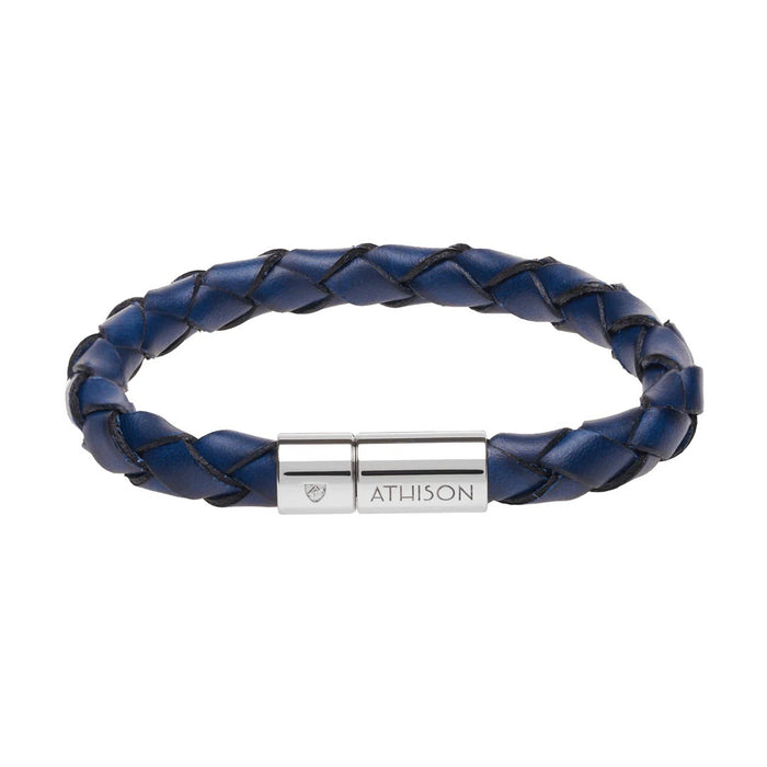The ATHISON - BRAIDED LEATHER BRACELET IN BLUE is a handmade men's bracelet crafted in Italy, featuring blue braided leather and a silver magnetic clasp engraved with the ATHISON brand, shown on a white background.