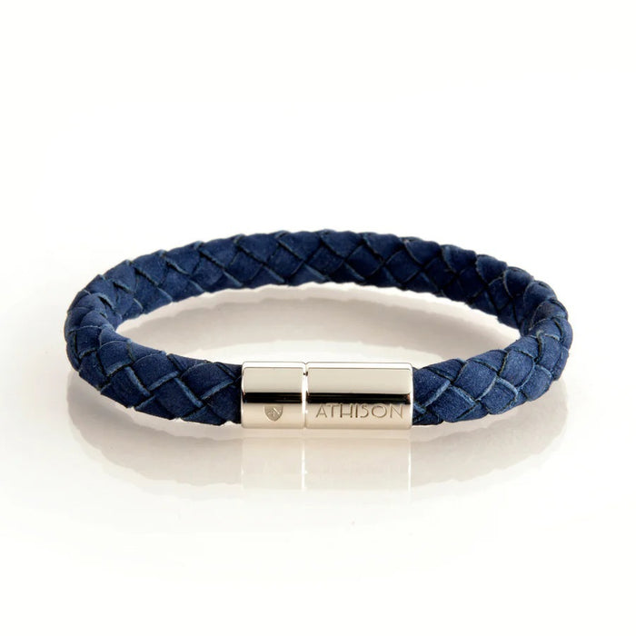Sizing chart for the ATHISON - BRAIDED NUBUCK BRACELET IN ELECTRIC BLUE: made in Italy, available in S (15.5–17 cm), M (17–18.5 cm), L (18.5–20 cm), and XL (20–22.5 cm) wrist sizes, with a simple braided bracelet illustration.