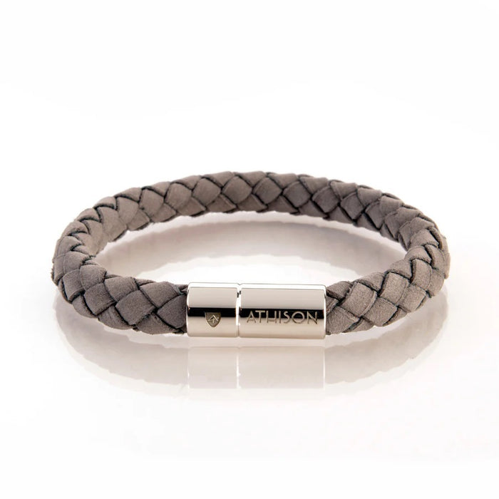 ATHISON - Braided Nubuck Bracelet in Grey size guide: S (15.5-17 cm), M (17-18.5 cm), L (18.5-20 cm), XL (20-22.5 cm). Expertly made in Italy for comfort and style, with a braided illustrated design from brand ATHISON.