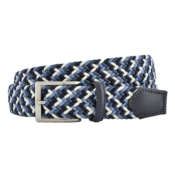 The ATHISON Braided Rayon Stretch Belt in Acqua features a blue, white, and black woven pattern, silver buckle, and vegetable-tanned leather accents.