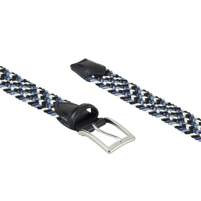 ATHISON - BRAIDED RAYON STRETCH BELT IN ACQUA by ATHISON: a blue, navy, and white stretch braided belt with silver buckle and dark leather tip.