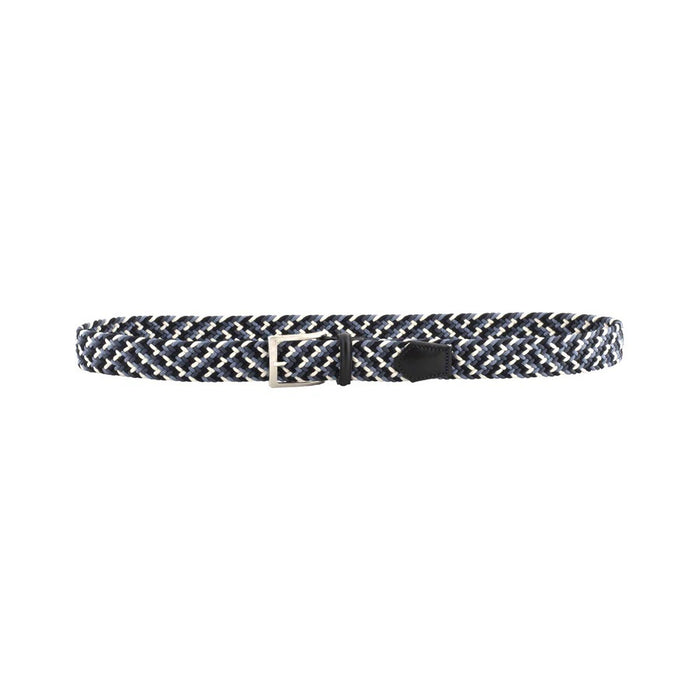 ATHISON - BRAIDED RAYON STRETCH BELT IN ACQUA by ATHISON: a blue, navy, and white stretch braided belt with silver buckle and dark leather tip.