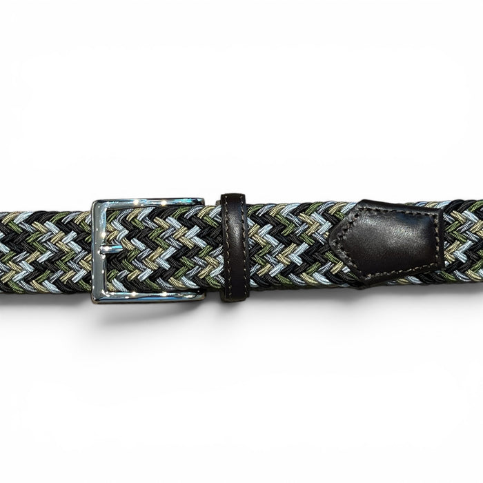 ATHISON - BRAIDED RAYON STRETCH BELT IN FOREST size chart: XS–XL fits waists 70–115 cm, belt lengths 90–130 cm. Chart features an illustrated "M" belt for waist 95 cm and total length 110 cm. Brand: ATHISON.