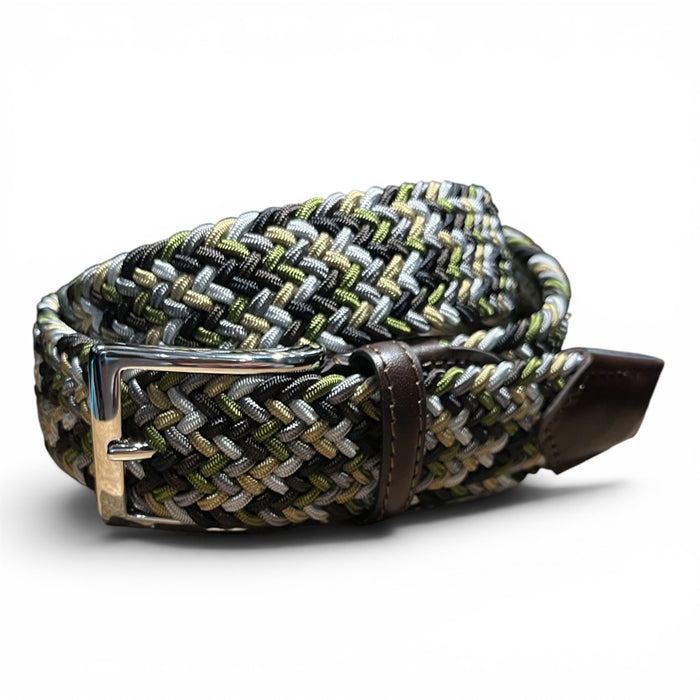 ATHISON - BRAIDED RAYON STRETCH BELT IN FOREST size chart: XS–XL fits waists 70–115 cm, belt lengths 90–130 cm. Chart features an illustrated "M" belt for waist 95 cm and total length 110 cm. Brand: ATHISON.