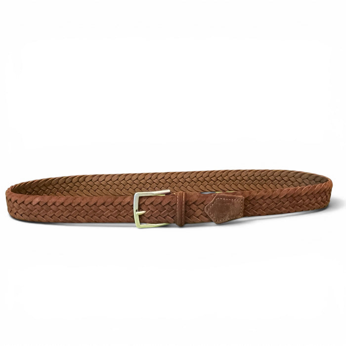 The ATHISON - BRAIDED SUEDE BELT IN BROWN is a premium men’s belt by ATHISON, featuring a brown braided suede design with a silver rectangular buckle, neatly coiled on a white background.