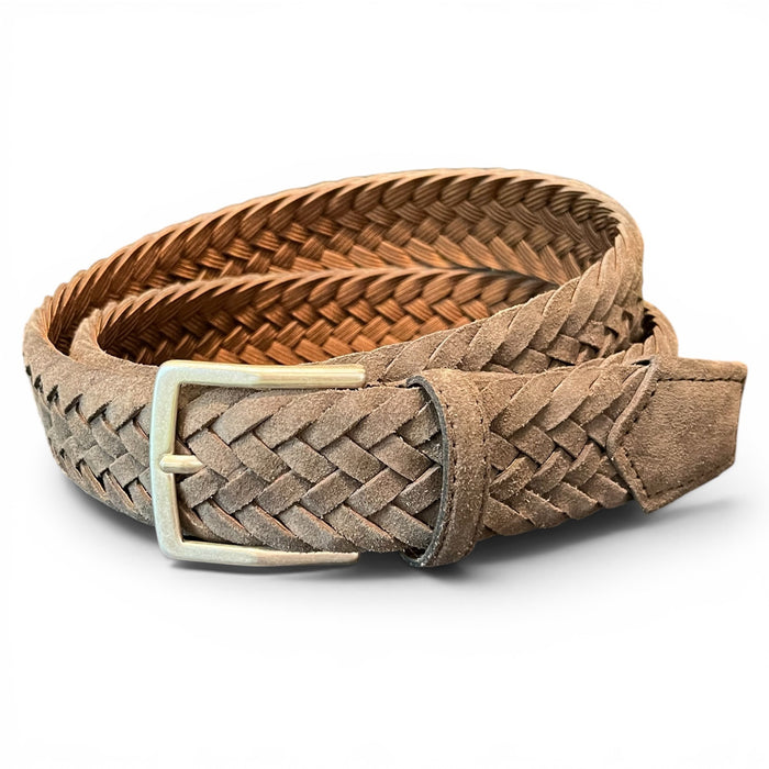 A size guide for ATHISON's premium men's belts, showing sizes XS to XL (waists 70–115 cm). The illustrated COFFEE BROWN BRAIDED SUEDE BELT in size M fits a 95 cm waist and measures 110 cm in total length.