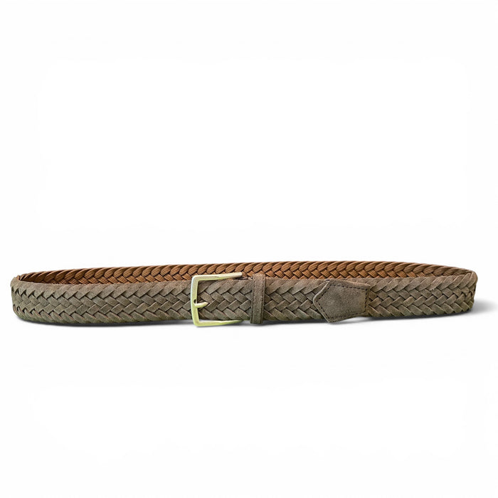 A size guide for ATHISON's premium men's belts, showing sizes XS to XL (waists 70–115 cm). The illustrated COFFEE BROWN BRAIDED SUEDE BELT in size M fits a 95 cm waist and measures 110 cm in total length.