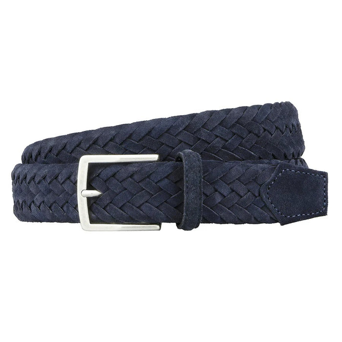 Size guide for the ATHISON - BRAIDED SUEDE BELT IN INDIGO, listing waist measurements and total lengths (cm) for sizes XS to XL. An orange belt diagram highlights where waist and total length are measured. Brand: ATHISON.