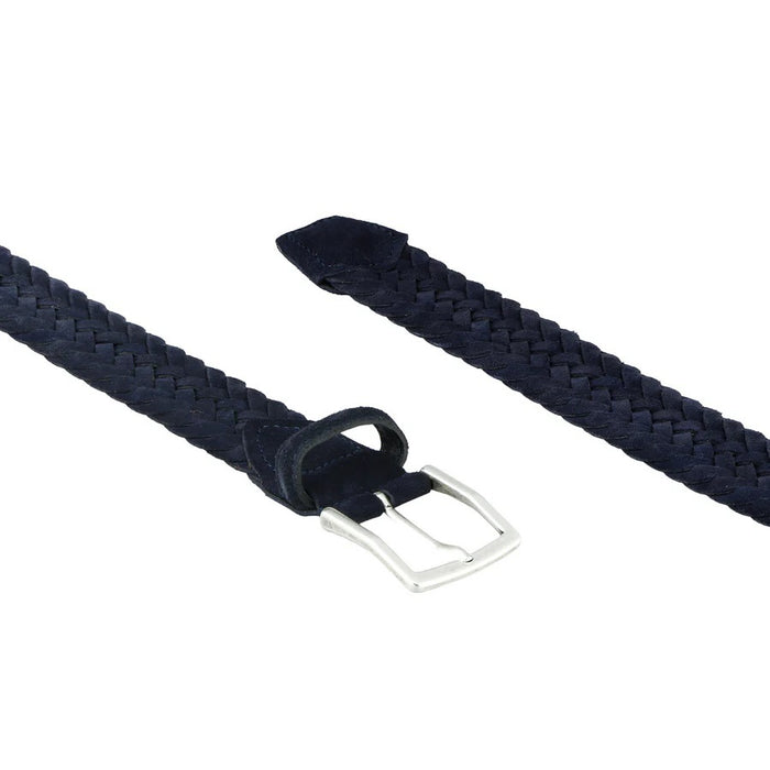 The ATHISON - BRAIDED SUEDE BELT IN INDIGO by ATHISON features braided Italian suede and a silver rectangular buckle, shown coiled in a loop on a white background.