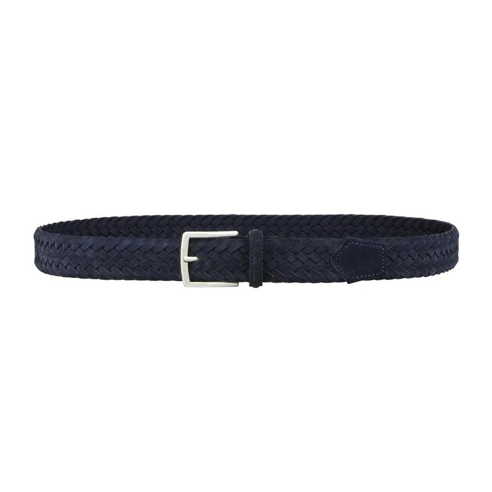 The ATHISON - BRAIDED SUEDE BELT IN INDIGO by ATHISON features braided Italian suede and a silver rectangular buckle, shown coiled in a loop on a white background.