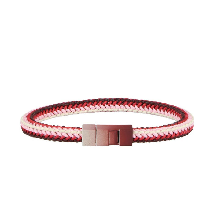 Nine ATHISON SQUARE BRAIDED COTTON BRACELET IN FIRE V2 pieces in assorted colors (black, beige, red, blue, gray, and cream) are fanned out and feature "ATHISON" branding with metal connectors—crafted as stylish eco-friendly jewelry.