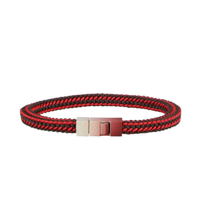 ATHISON SQUARE BRAIDED COTTON BRACELET IN FIRE V3 size chart (wrist in cm): S (15.5–17), M (17–18.5), L (18.5–20), XL (20–22.5). Illustration of Italian-made braided bracelet by ATHISON on the left.