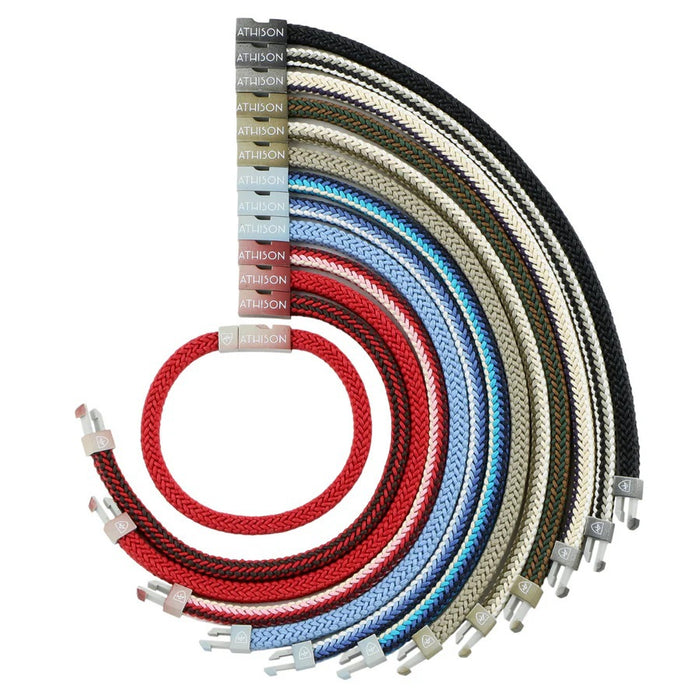 The ATHISON - SQUARE BRAIDED COTTON BRACELET IN FIRE V3 features alternating red and black waxed cotton strands and a central rectangular recycled plastic clasp.